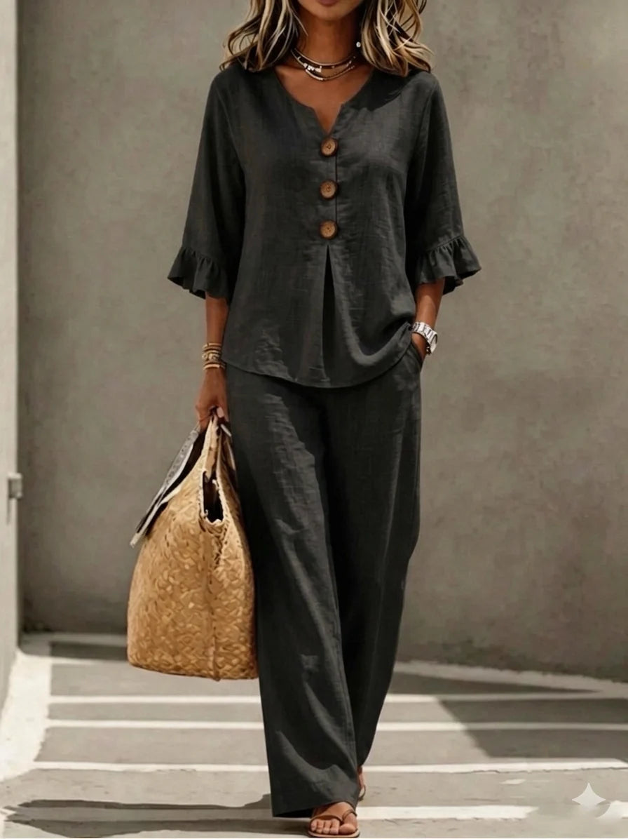 Women's Ruffle Sleeve Linen Two-Piece Set