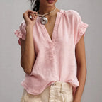 Women's Ruffle Sleeve V-Neck Relaxed Linen Blouse