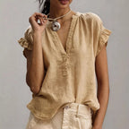 Women's Ruffle Sleeve V-Neck Relaxed Linen Blouse