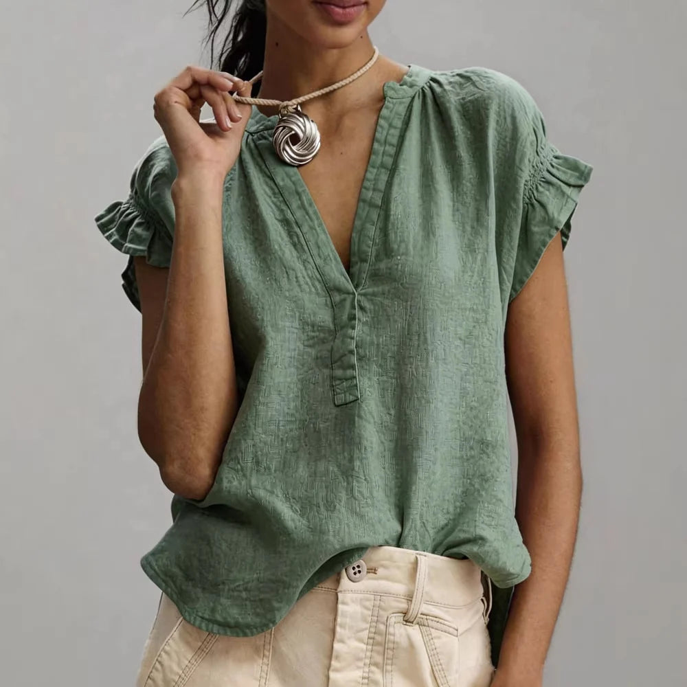 Women's Ruffle Sleeve V-Neck Relaxed Linen Blouse