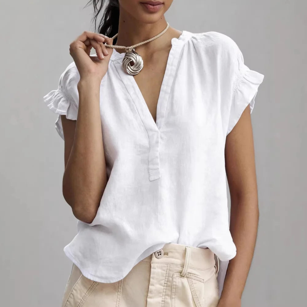 Women's Ruffle Sleeve V-Neck Relaxed Linen Blouse