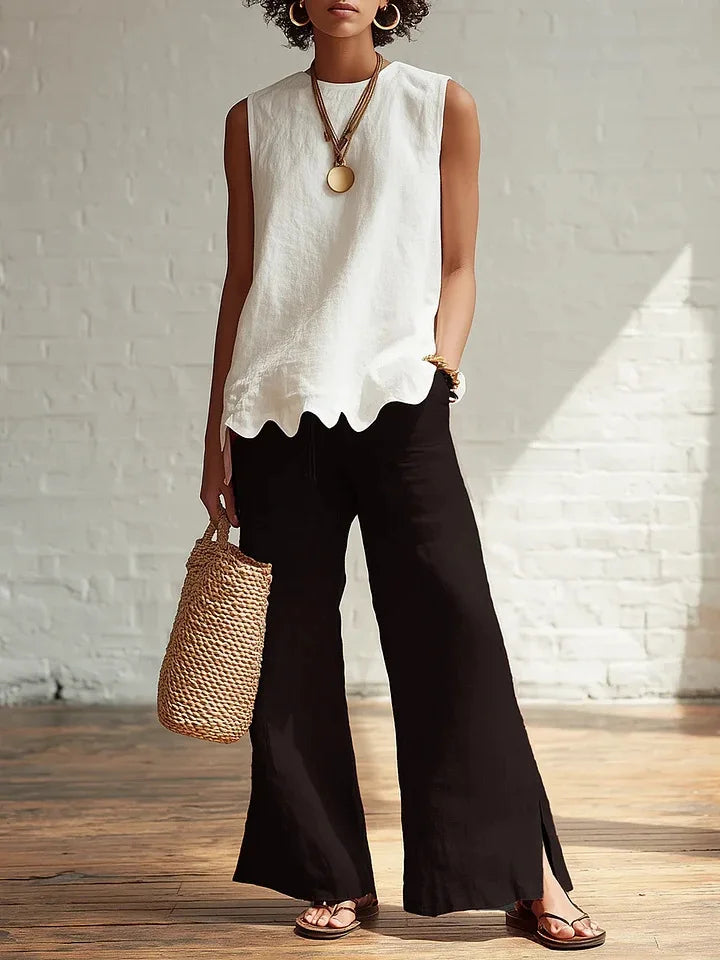 Women's Scallop Hem Round Neck Linen Sleeveless Top