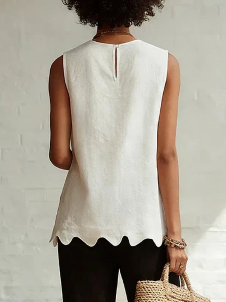 Women's Scallop Hem Round Neck Linen Sleeveless Top