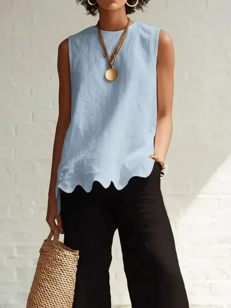 Women's Scallop Hem Round Neck Linen Sleeveless Top