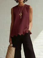 Women's Scallop Hem Round Neck Linen Sleeveless Top
