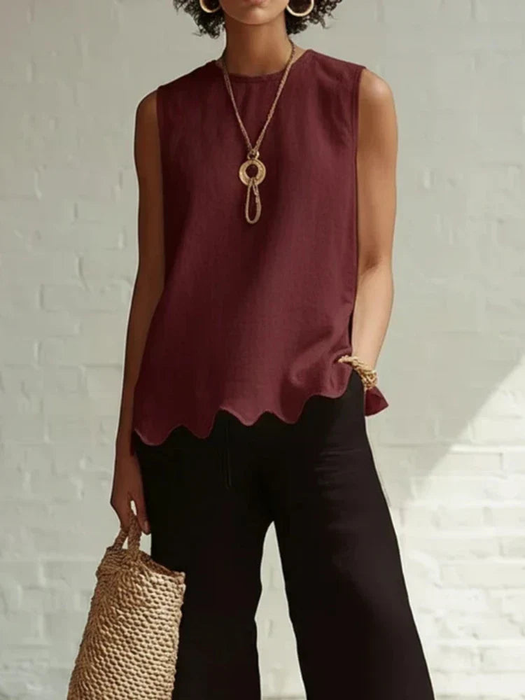 Women's Scallop Hem Round Neck Linen Sleeveless Top