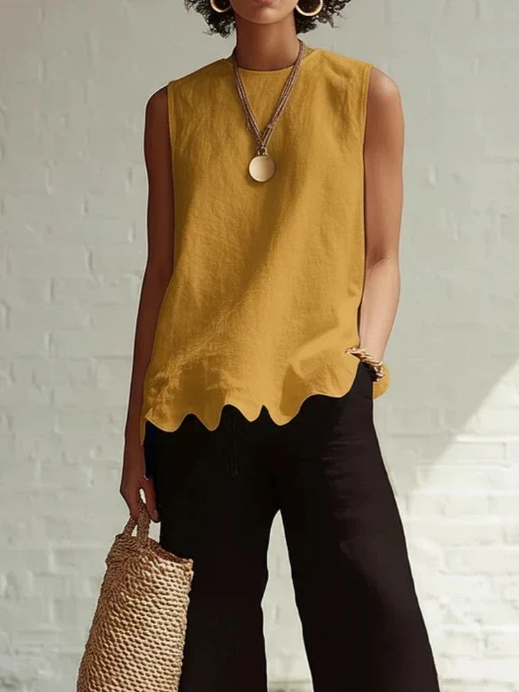 Women's Scallop Hem Round Neck Linen Sleeveless Top