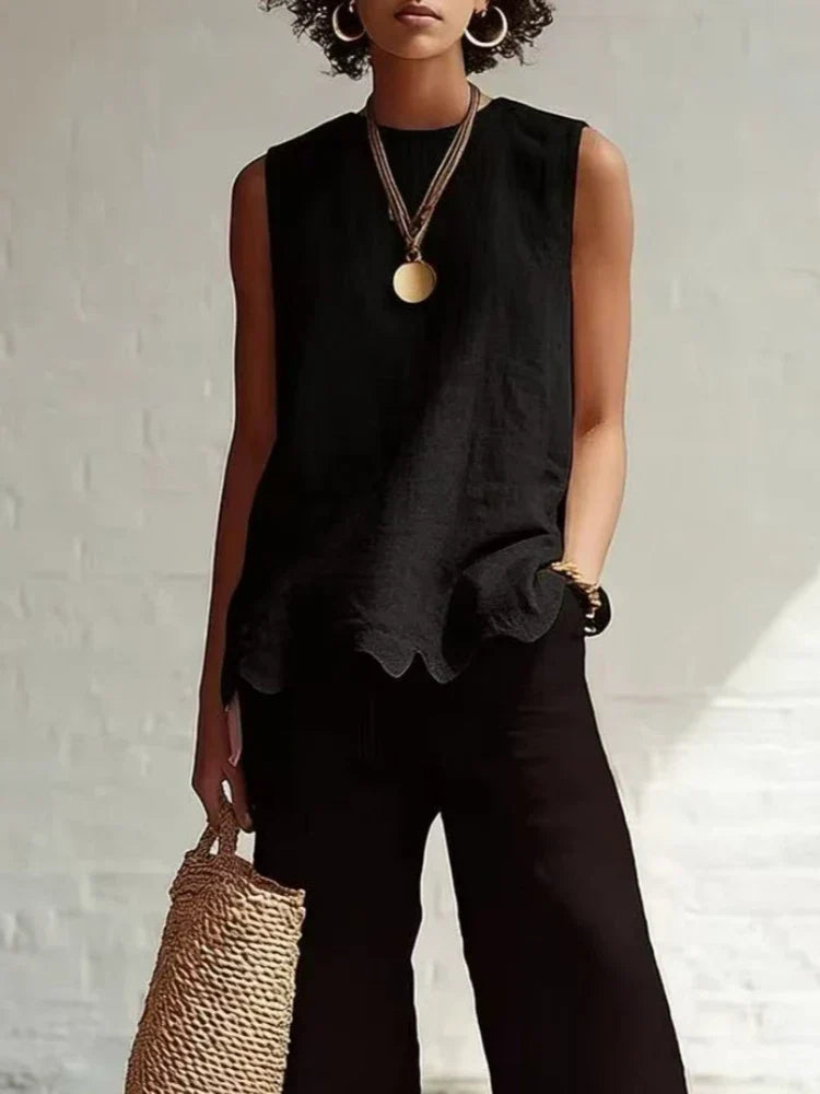 Women's Scallop Hem Round Neck Linen Sleeveless Top