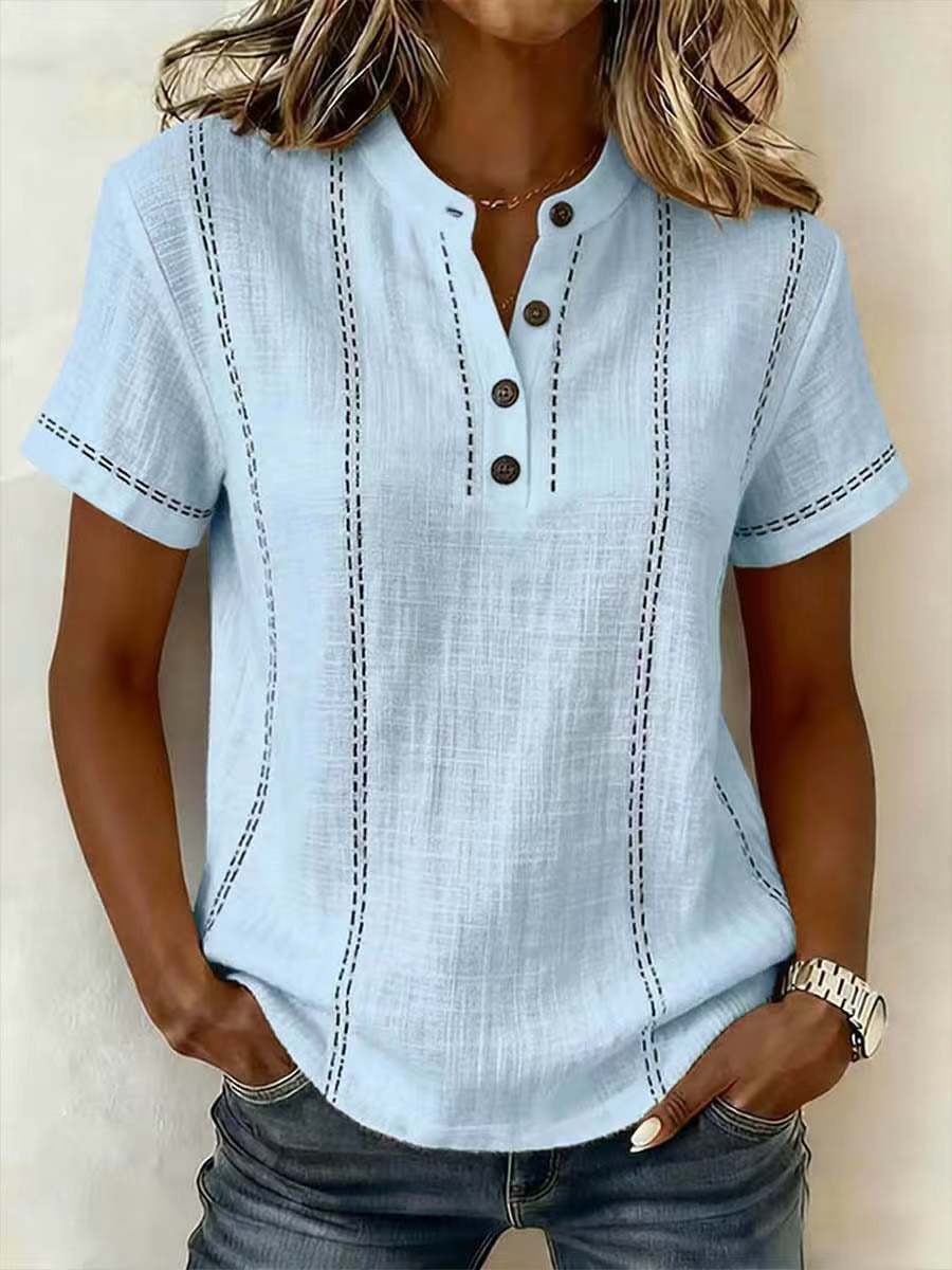 Women's Short Sleeve Linen Top with Button Neckline