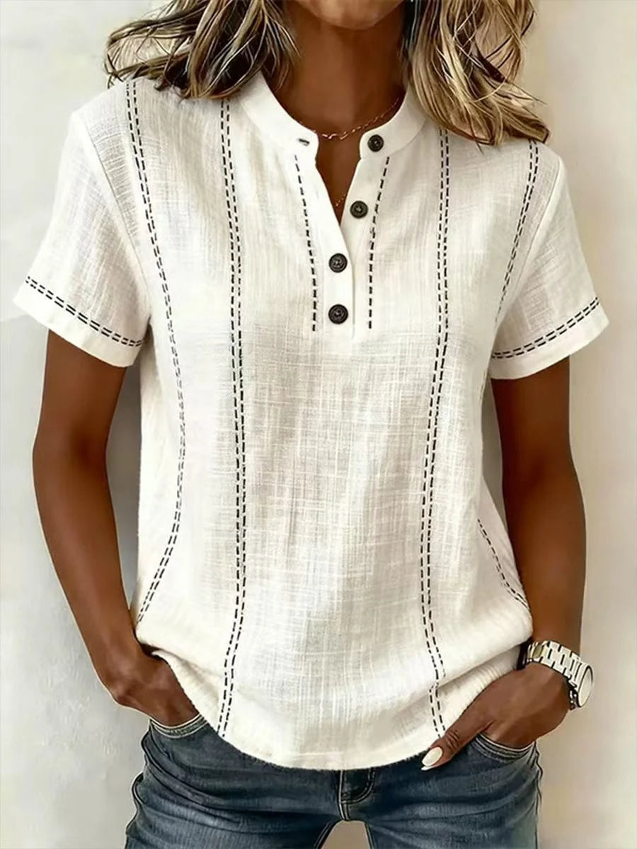 Women's Short Sleeve Linen Top with Button Neckline
