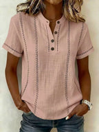 Women's Short Sleeve Linen Top with Button Neckline