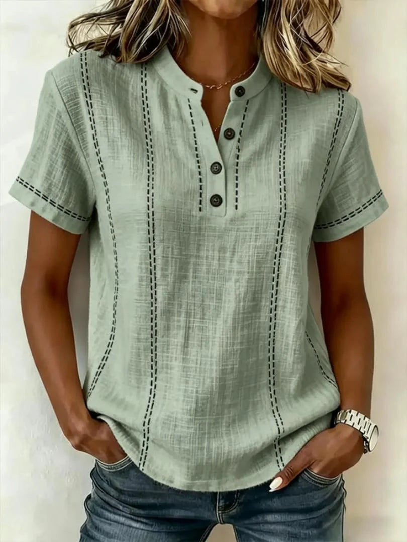 Women's Short Sleeve Linen Top with Button Neckline
