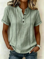 Women's Short Sleeve Linen Top with Button Neckline