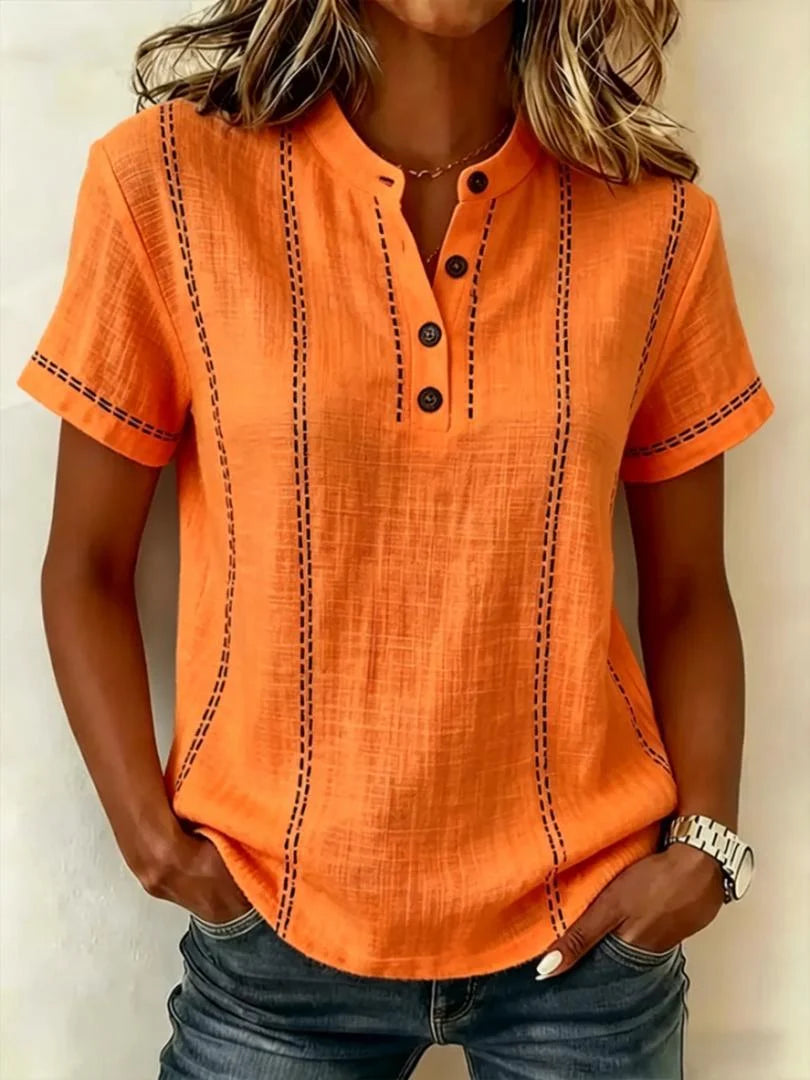 Women's Short Sleeve Linen Top with Button Neckline