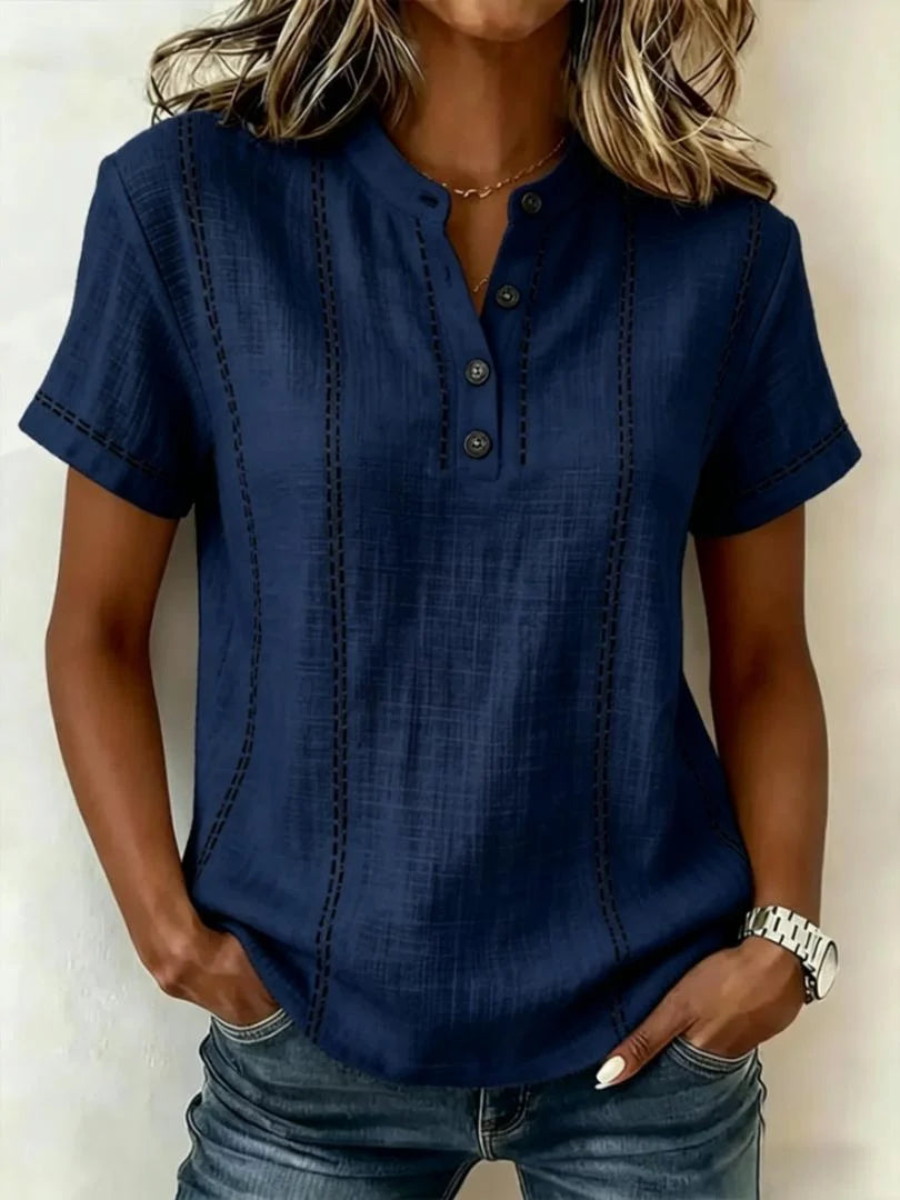 Women's Short Sleeve Linen Top with Button Neckline