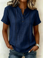 Women's Short Sleeve Linen Top with Button Neckline