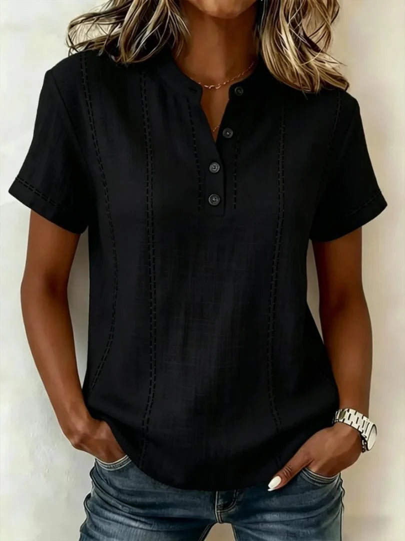 Women's Short Sleeve Linen Top with Button Neckline
