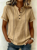 Women's Short Sleeve Linen Top with Button Neckline