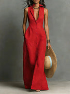 Women's Sleeveless Collared Linen Maxi Dress