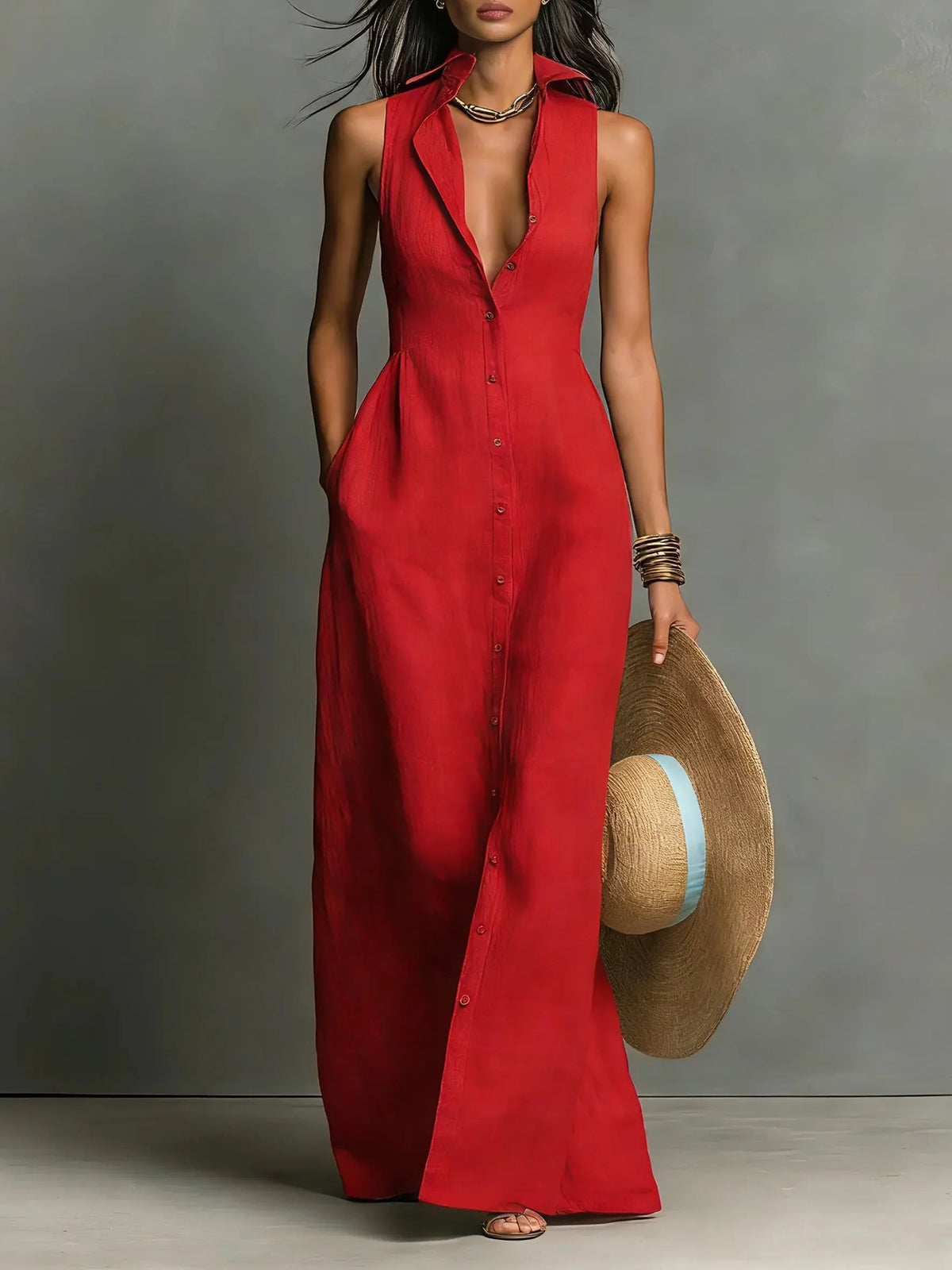 Women's Sleeveless Collared Linen Maxi Dress