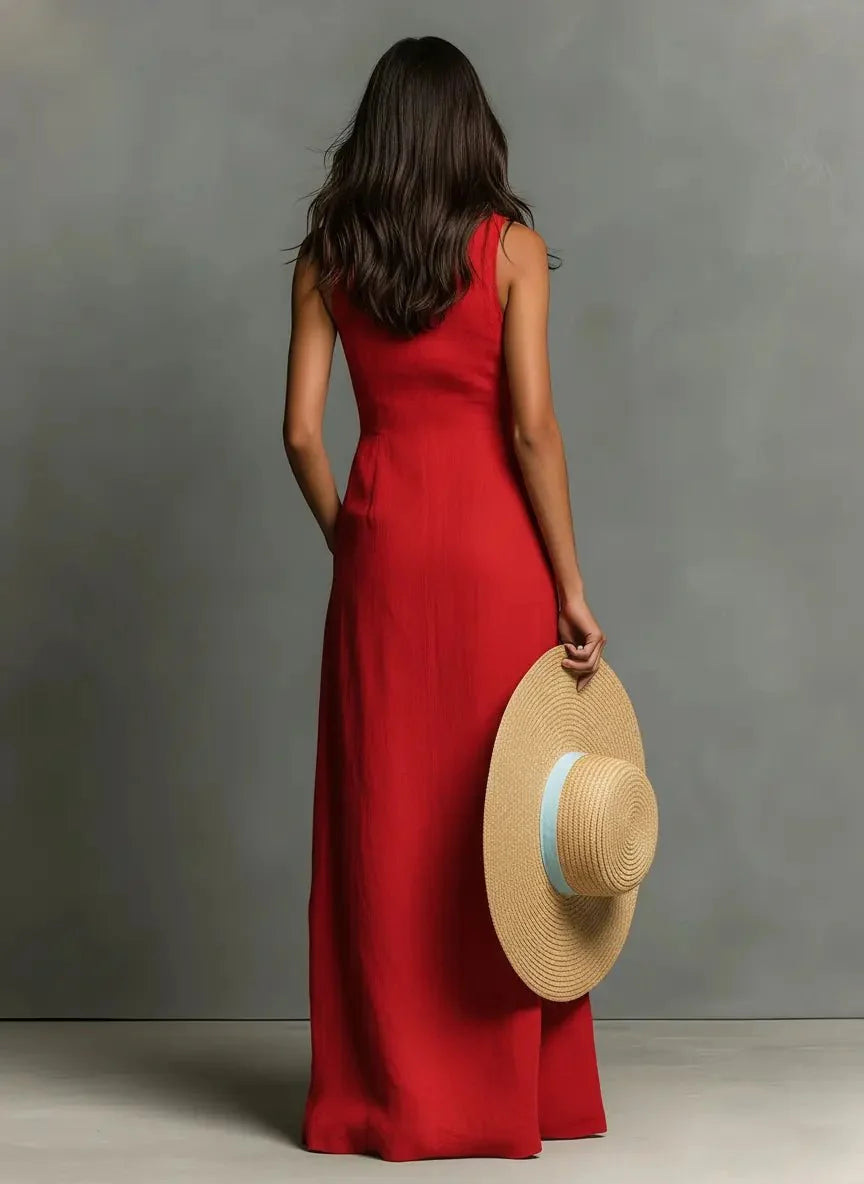 Women's Sleeveless Collared Linen Maxi Dress