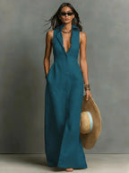 Women's Sleeveless Collared Linen Maxi Dress