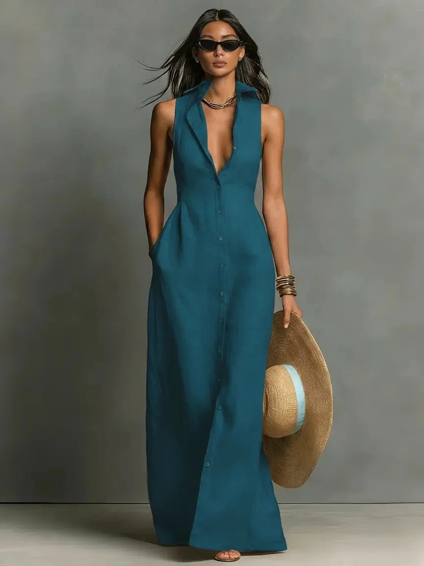 Women's Sleeveless Collared Linen Maxi Dress