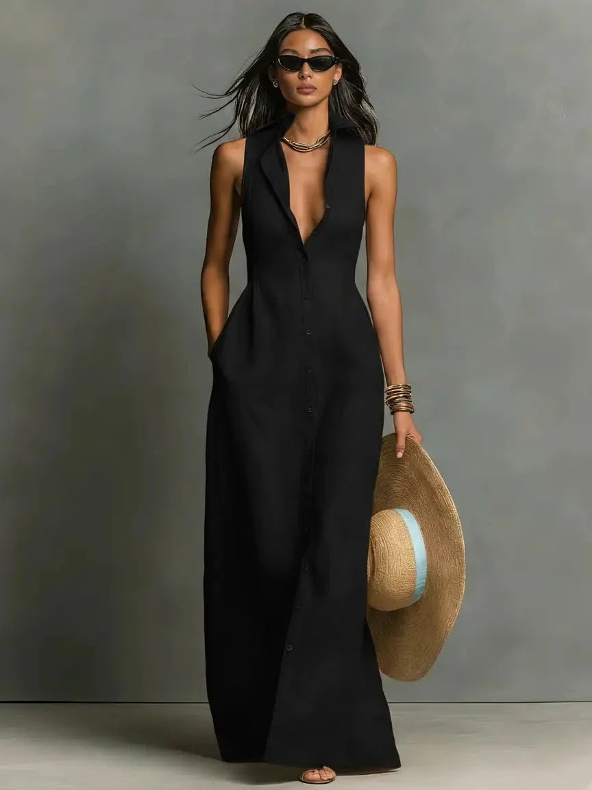 Women's Sleeveless Collared Linen Maxi Dress