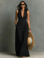 Women's Sleeveless Collared Linen Maxi Dress