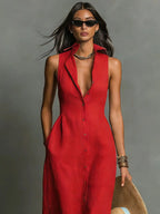 Women's Sleeveless Collared Linen Maxi Dress