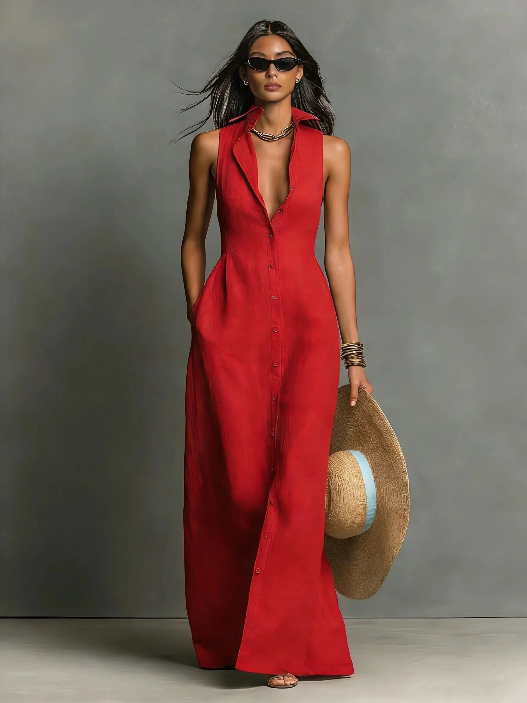 Women's Sleeveless Collared Linen Maxi Dress