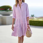Women's Striped Linen-Look Midi Shirt Dress