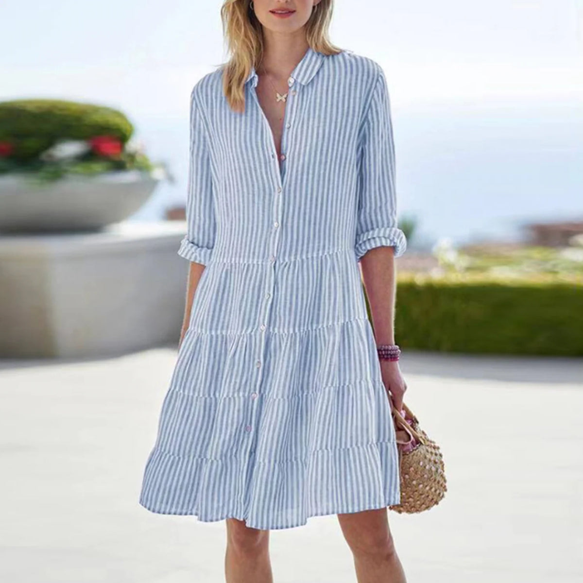 Women's Striped Linen-Look Midi Shirt Dress
