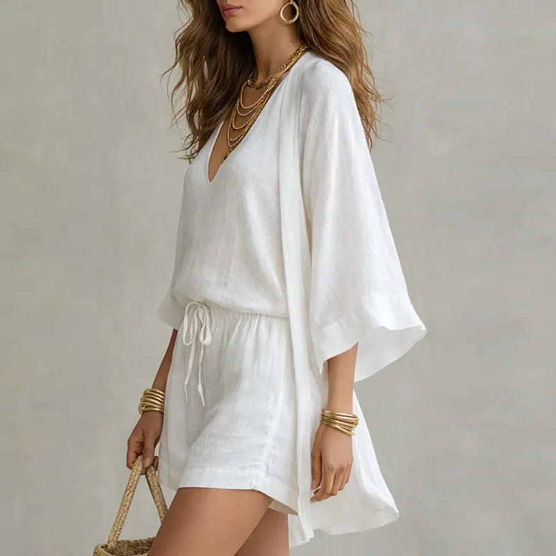 Women's Summer Casual 3-Piece Top Shorts and Kimono Co-Ord Set