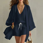 Women's Summer Casual 3-Piece Top Shorts and Kimono Co-Ord Set