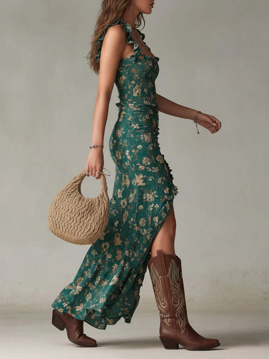 Women's Summer Casual Boho Floral Side-Slit Maxi Dress