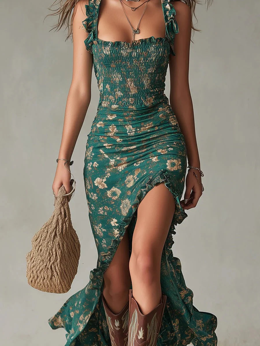 Women's Summer Casual Boho Floral Side-Slit Maxi Dress