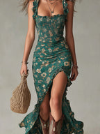 Women's Summer Casual Boho Floral Side-Slit Maxi Dress