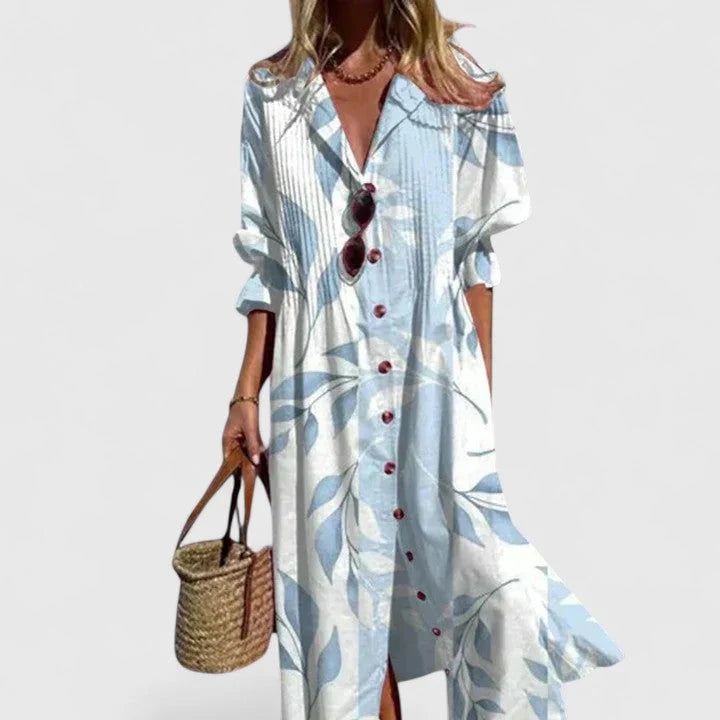 Women's Summer Casual Leaf Print Maxi Shirt Dress