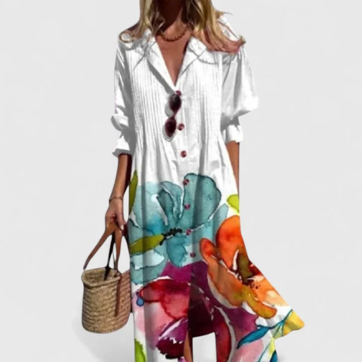 Women's Summer Casual Leaf Print Maxi Shirt Dress