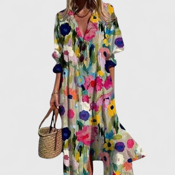 Women's Summer Casual Leaf Print Maxi Shirt Dress
