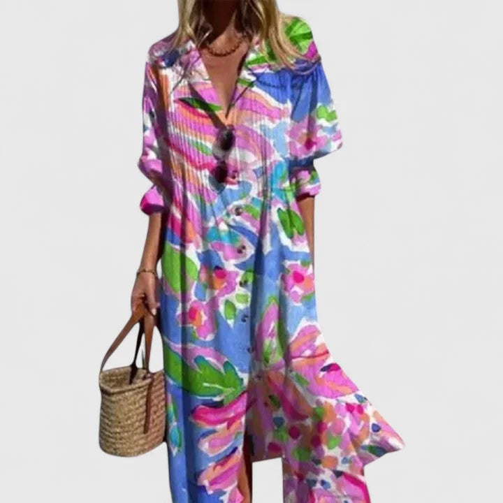 Women's Summer Casual Leaf Print Maxi Shirt Dress