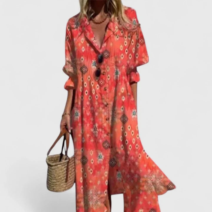 Women's Summer Casual Leaf Print Maxi Shirt Dress