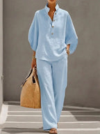 Women's Summer Casual Linen Top and Trousers Co-Ord Set