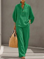 Women's Summer Casual Linen Top and Trousers Co-Ord Set