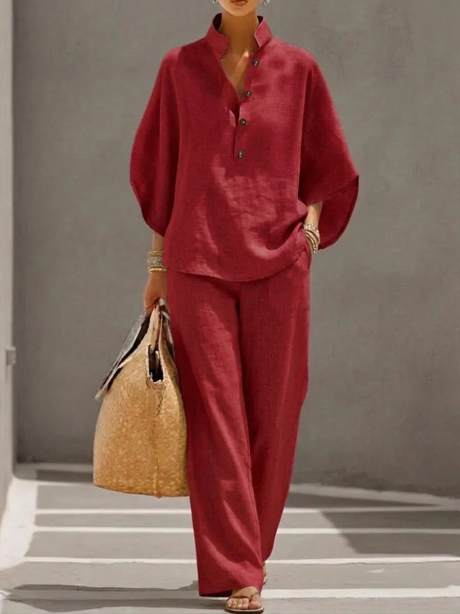 Women's Summer Casual Linen Top and Trousers Co-Ord Set
