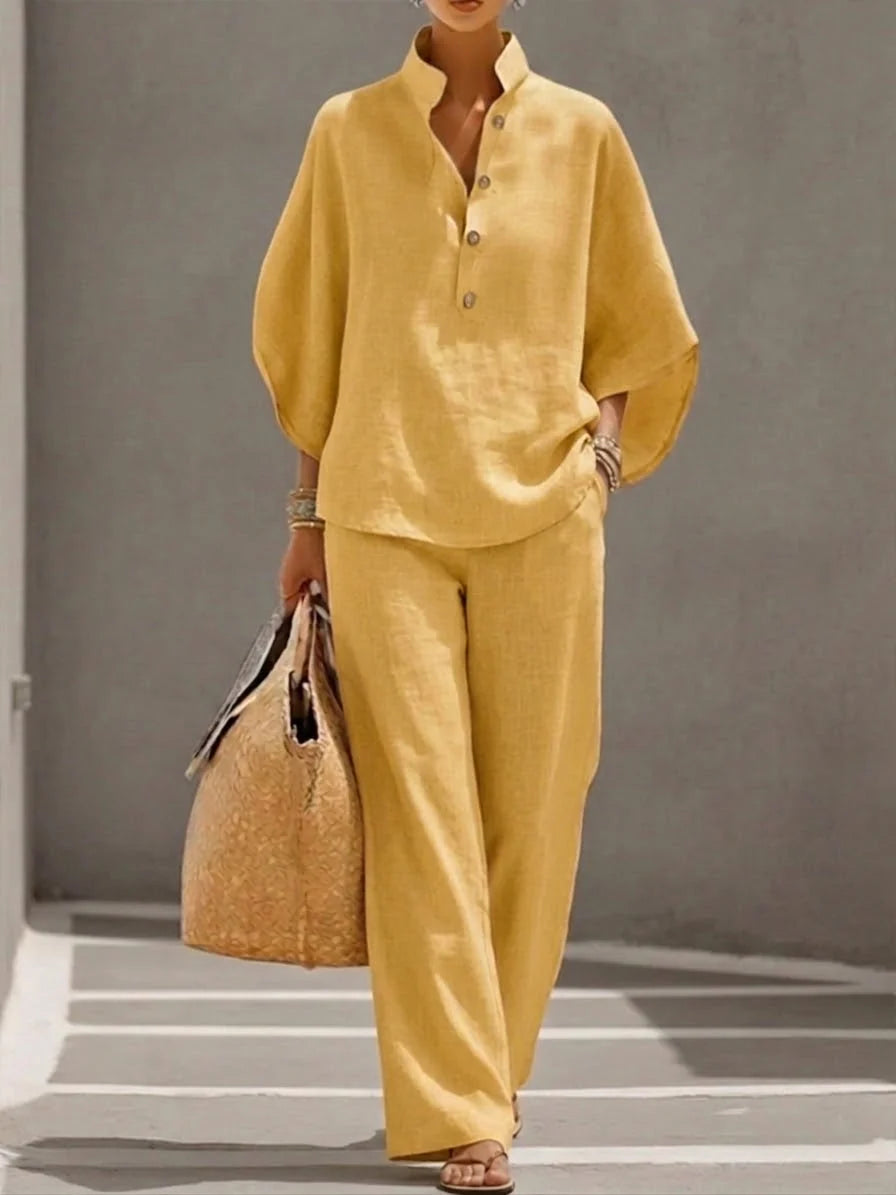 Women's Summer Casual Linen Top and Trousers Co-Ord Set