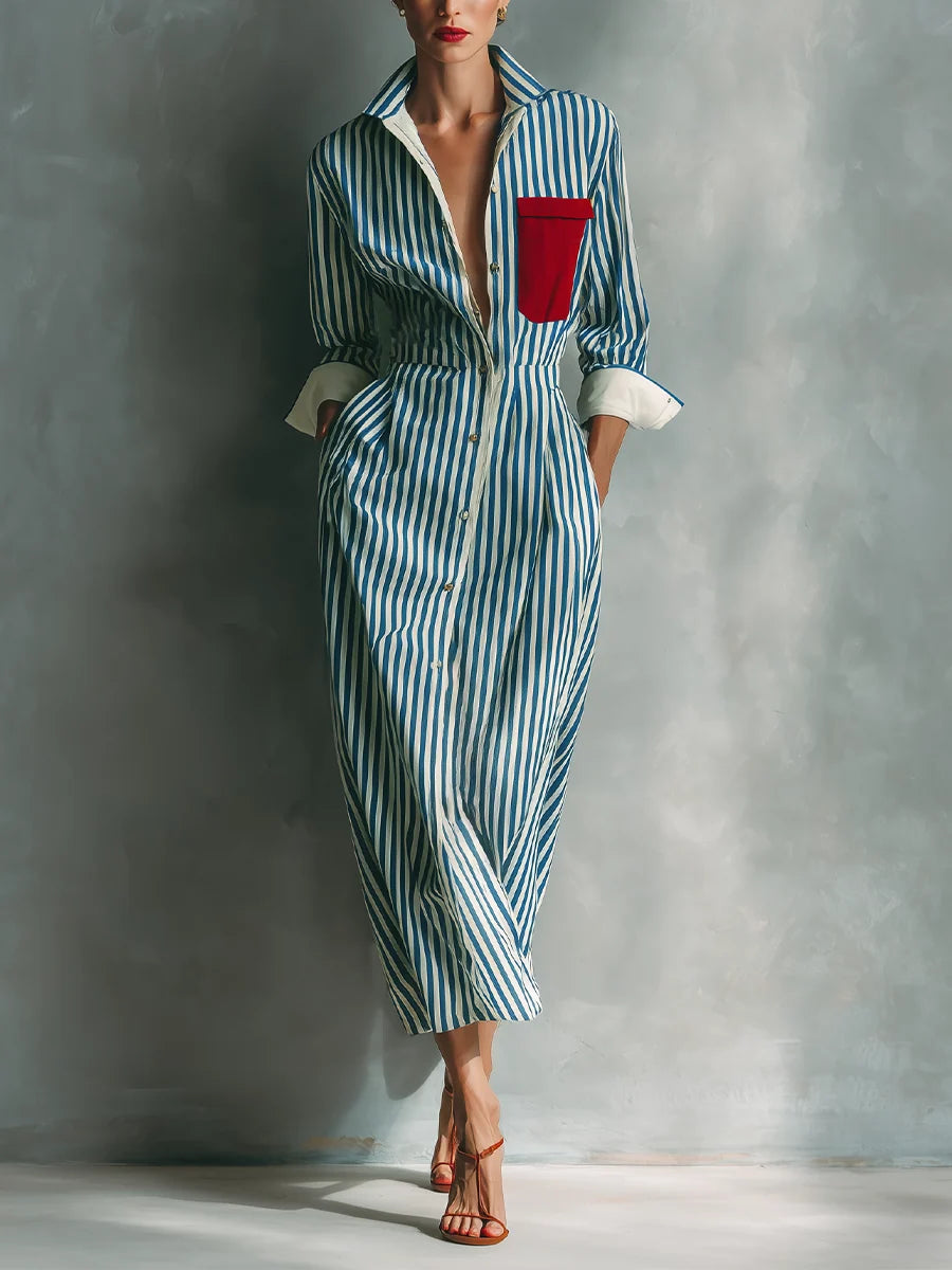 Women's Summer Casual Striped Chest-Pocket Shirt Dress
