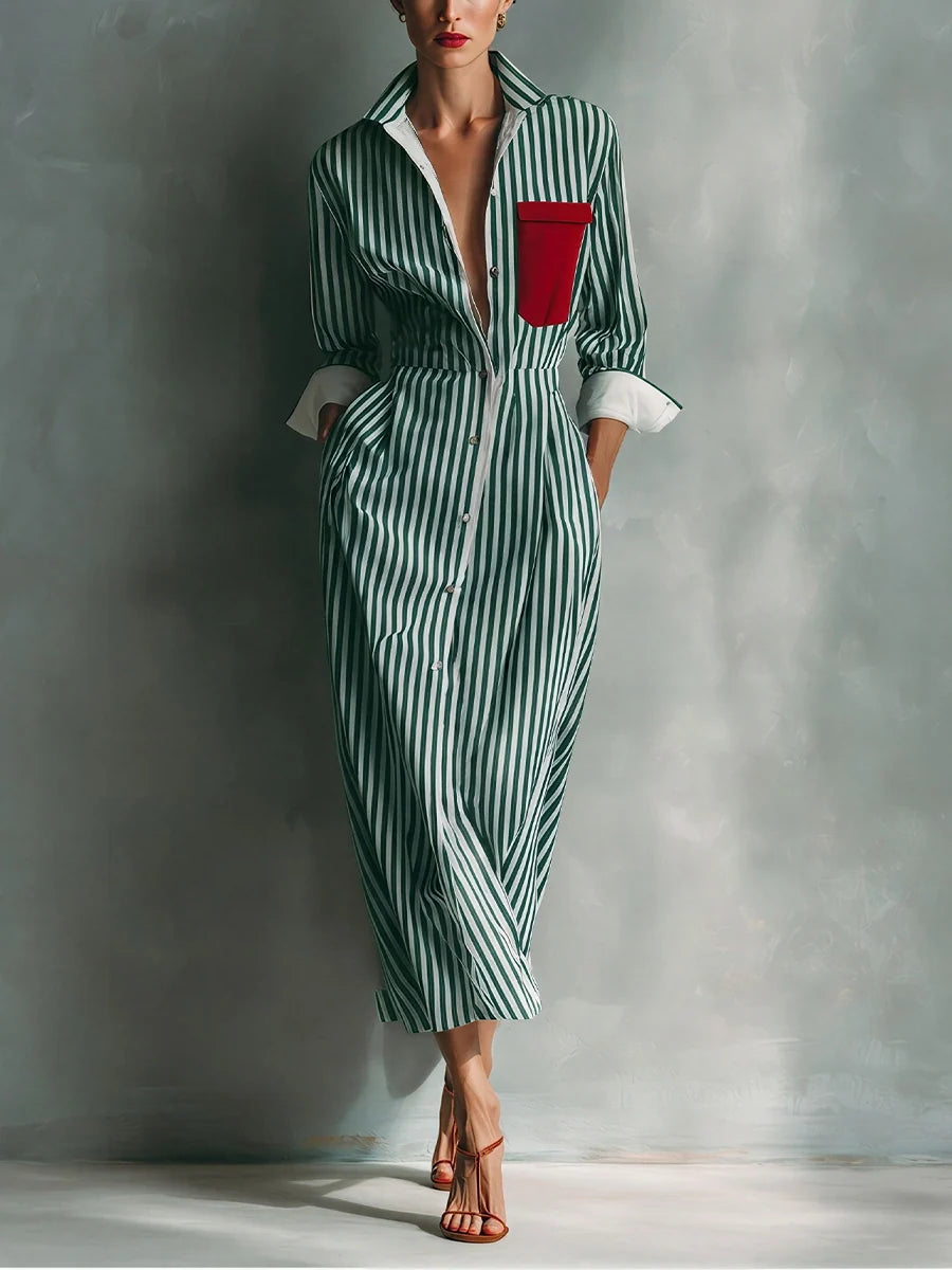 Women's Summer Casual Striped Chest-Pocket Shirt Dress