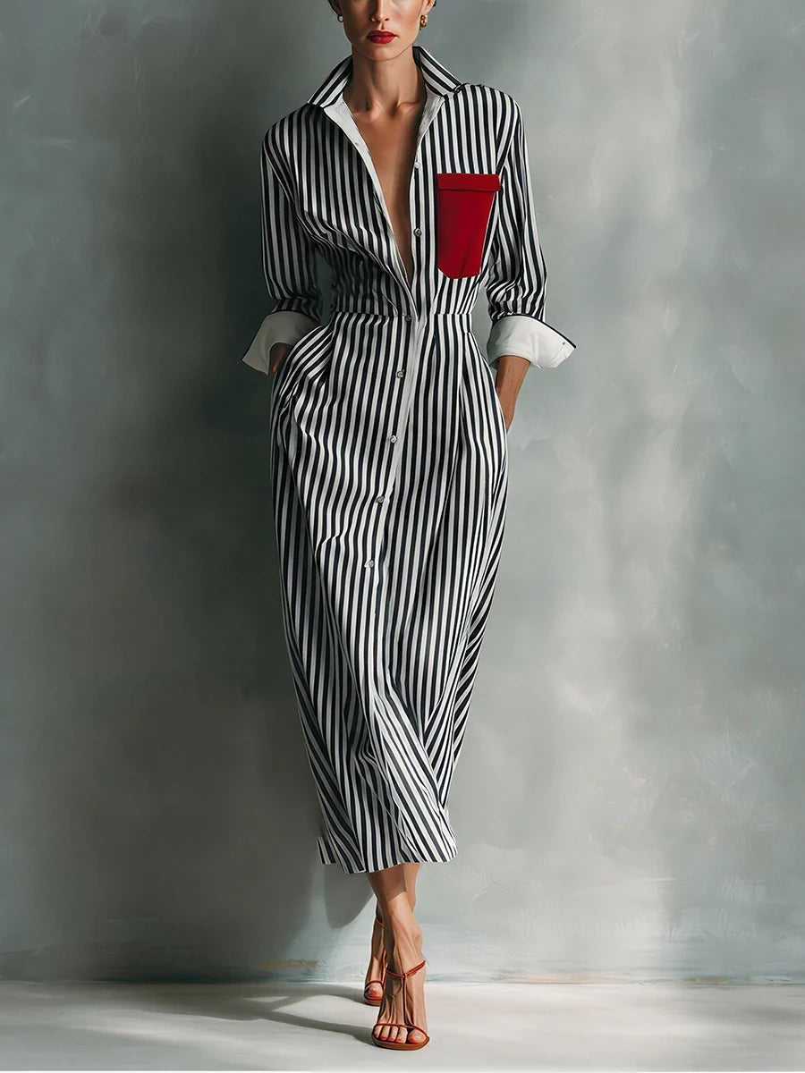 Women's Summer Casual Striped Chest-Pocket Shirt Dress
